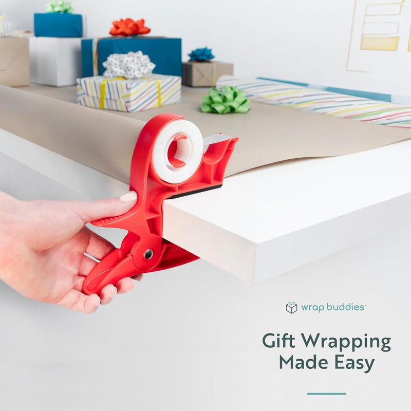 Wrap Buddies أداة تغليف الهدايا على الطاولة مع موزع الشريط - مجموعة من 2 مشابك ورق تغليف قابلة للتعديل مع موزع شريط الحرف - مثالية للعطلات والحرف اليدوية - أحمر الكرز - Image 5